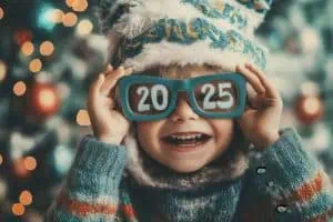 Ein Kind trägt eine blaue Brille mit der Jahreszahl 2025 auf den Gläsern und dazu einen dicken Pulli und eine Mütze